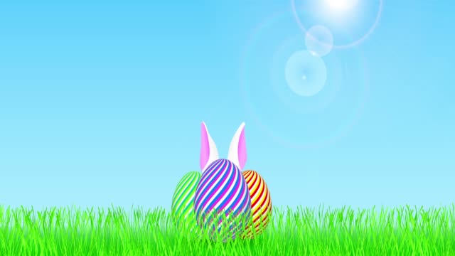 Huevos-de-Pascua-en-el-campo,-con-orejas-de-conejo-blanco-en-movimiento.