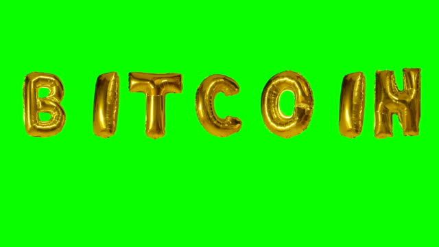 Wort-Bitcoin-aus-goldenen-Helium-Ballonbuchstaben,-die-auf-grünem-Bildschirm-schweben