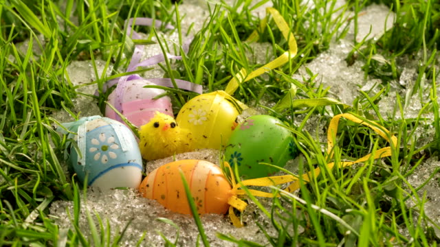Snow-melt-in-green-grassy-meadow-with-colorful-painted-Easter-eggs-and-cute-chick-decoration-Time-lapse