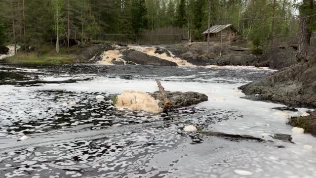 Waterfall-at-high-water-time-in-Karelia,-Russia