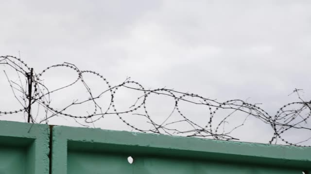 Close-up-view-of-barbed-wire-in-prison.-Jail-with-barbed-wire-fence.-Green-fence-with-barbed-wire