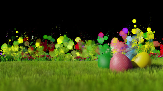 Huevos-de-Pascua-en-prado-verde-con-partículas-volando,-Alpha-PNG