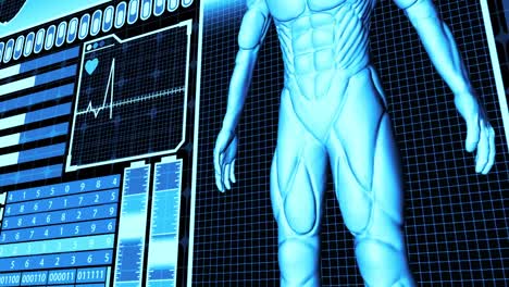3D-Renderización-cuerpo-humano-y-ADN-doble-hélice-Escaneo-Análisis-Abstracto-Médico-Futurista-Pantalla-de-Pantalla-(panoramización-de-la-cámara)