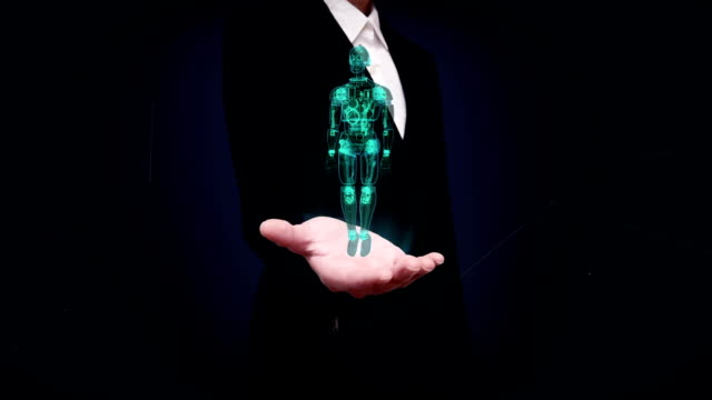 Geschäftsfrau-offene-Hand,-rotierende-Transparenz-3D-Roboterkörper,-Röntgen-Scan.