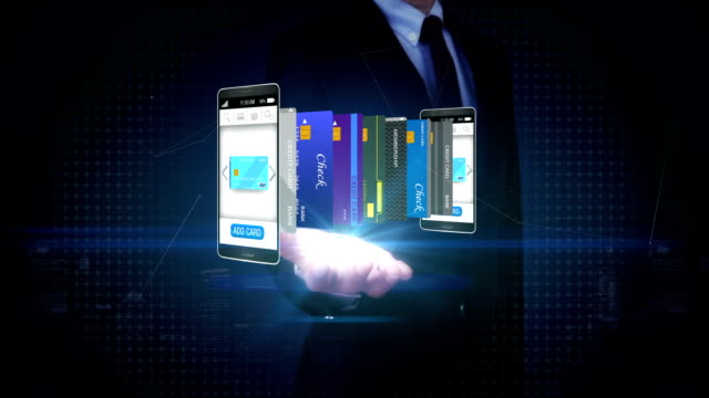 Geschäftsmann-öffnen-Palme,-Wählen-Sie-Kreditkarte-in-Smartphone,-handy,-Konzept-der-mobilen-Zahlung,-wählen-Sie-Haupt-Mobile-Kreditkarte.
