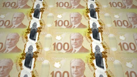 Banknotes-of-one-hundred-canadian-dollars-rolling-on-screen,-cash-money,-loop