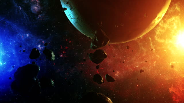 Un-vuelo-hermoso-en-un-espacio-colorido-con-los-asteroides-con-sonidos-y-un-planeta