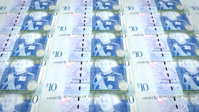 Banknoten-der-zehn-Tonga-Pa'anga-von-Tonga,-Bargeld,-Schleife