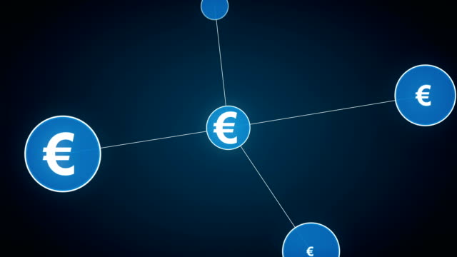Símbolo-del-euro,-numerosos-puntos-se-reúnen-para-crear-un-signo-de-moneda,-puntos-hace-mundial-mapa,-internet-de-las-cosas.-technology.2-financieros.