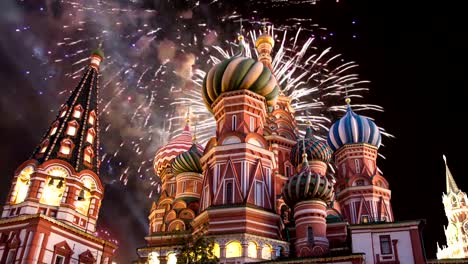 Cathedral-of-Intercession-of-Most-Holy-Theotokos-on-the-Moat-(-Temple-of-Basil-the-Blessed)-and-fireworks,--Red-Square,-Moscow,-Russia