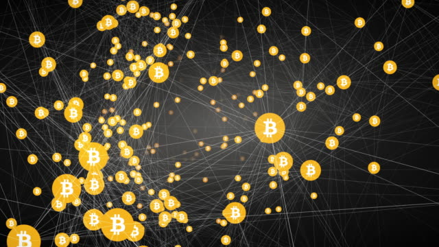 Bitcoin-Mining,-Bewegung-langsam-verbunden-Bitcoin-Symbole