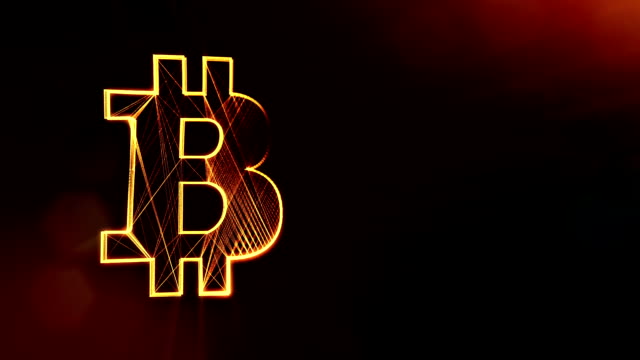 Zeichen-der-Bitcoin-Logo.-Finanzieller-Hintergrund-aus-Glühen-Teilchen-als-Vitrtual-Hologramm.-Glänzende-Schleife-3D-Animation-mit-Tiefe-Feld,-Bokeh-und-Kopie.-Dunklen-Hintergrund-1