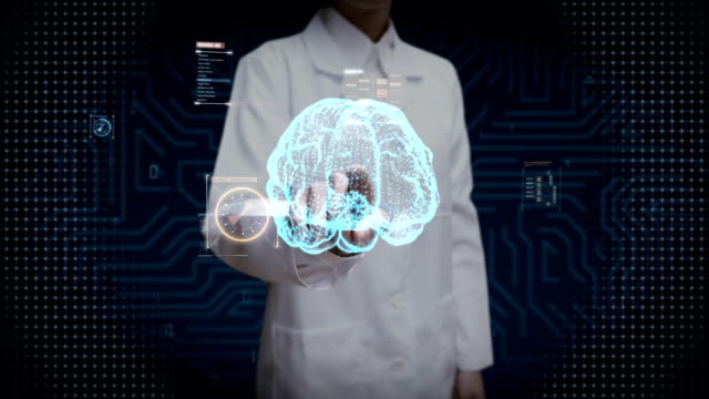 Científico-de-la-mujer,-Ingeniero-tocar-cerebro-digital,-forma-de-cerebro-conectada-puntos,-líneas-digitales-en-interfaz-del-indicador-digital,-crecer-futuro-inteligencia-artificial.
