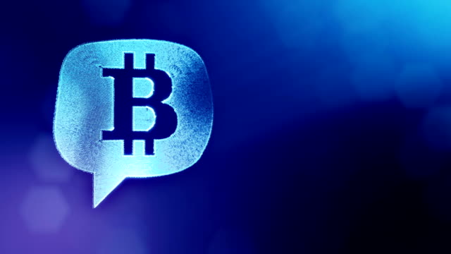 Bitcoin-Logo-in-einer-Nachricht-Wolke.-Finanzieller-Hintergrund-aus-Glühen-Teilchen-als-Vitrtual-Hologramm.-Glänzende-Schleife-3D-Animation-mit-Tiefe-Feld,-Bokeh-und-Kopie.-Blaue-Farbe-v2
