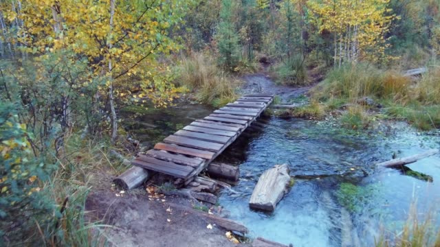 Crossing-small-wooden-boardwalk-bridge-over-forest-creek-near-Blue-Geyser-lake-in-Altai-mountains-in-rainy-day