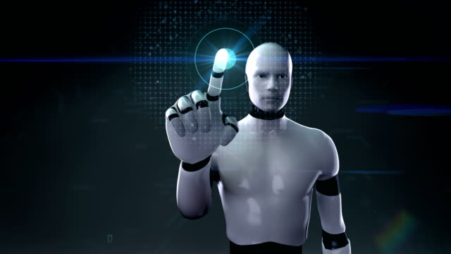 Roboter,-Cyborg,-die-3-Punkte-in-digitale-Schnittstelle-berühren-Hintergrund-4K-Film.