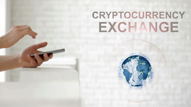 Hands-launch-the-Earth's-hologram-and-Cryptocurrency-exchange-text