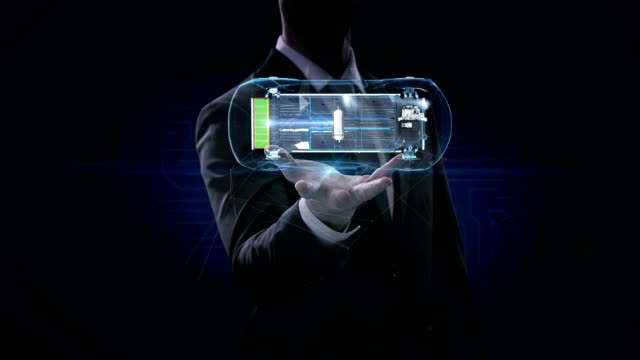 Businessman-opens-palm,-Electronic,--ion-battery-echo-car.-Charging-car-battery.-Battery-level-check,-future-car.-top-view.-4k-movie.