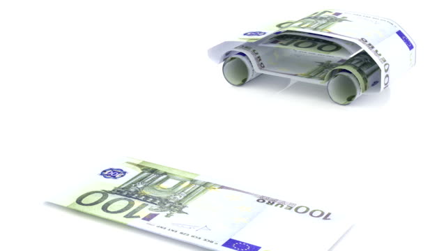 Auto-wird-von-Euro-Note,-das-Konzept-der-Finanzierung-der-Automobilindustrie,-Kredite-für-den-Kauf-von-Autos,-Cash-Kosten-für-das-Auto,-Förderband-Montage-von-Autos,-Produktionsautomatisierung,-Videoloop-erstellt.