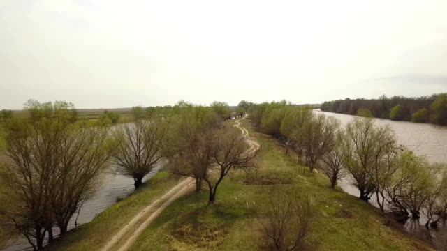 Promontory-river-and-car-road-view-from-flying-drone.-Cape-river,-trees-and-road