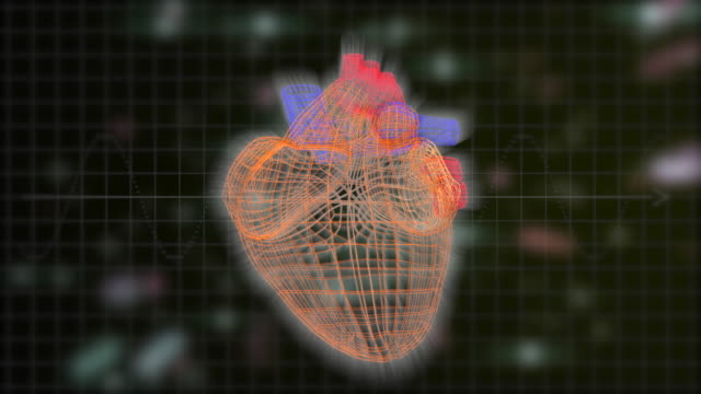 Das-polygonale-dreidimensionale-Herz-pulsiert-über-schwarzem-Hintergrund-mit-bunten-defokussierten-Laserstrahlen,-die-schweben.