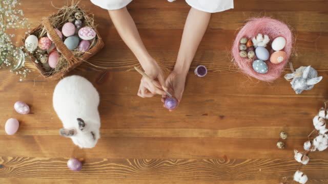 Sequence-of-Woman-with-Pet-Bunny-Decorating-Easter-Egg