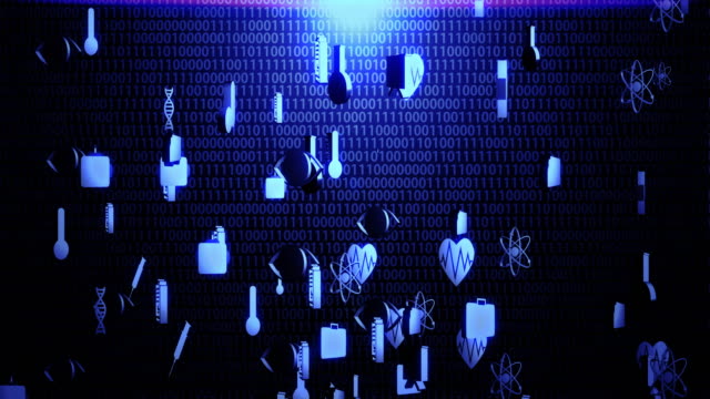 3D-Medical-Technology-Icons-Spinning-and-Hovering-on-The-Random-Binary-Code-Background-with-Blue-Lighting