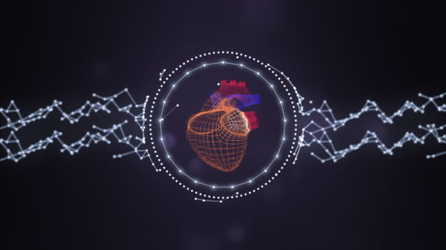 Gegittertes-Modell-des-menschlichen-Herzens,-abgeschirmt-durch-glühende-Ringe-und-Plexusnetzwerk,-rotierend-über-darl-Raum-Hintergrund.