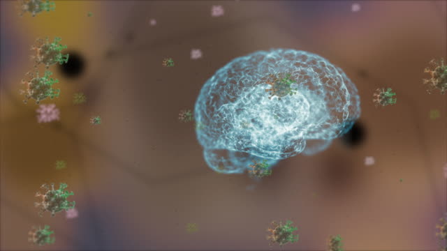 Krankheit-verbreitung-auf-Gehirn.-3D-Animation-des-Gehirns-umgeben-von-Viren,-die-isoliert-auf-verschwommenem-Hintergrund-schweben.