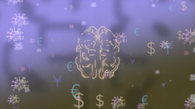 Animación-digital-de-un-cerebro-humano-de-estilo-hud-con-dólar,-euro-y-icono-de-yen-flotando-en-el-entorno-del-virus-infectado.