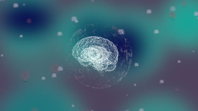 Disease-spreadig-on-brain.-3d-animation-of-brain-surrounded-with-viruses-floating-isolated-on-blurred-background.