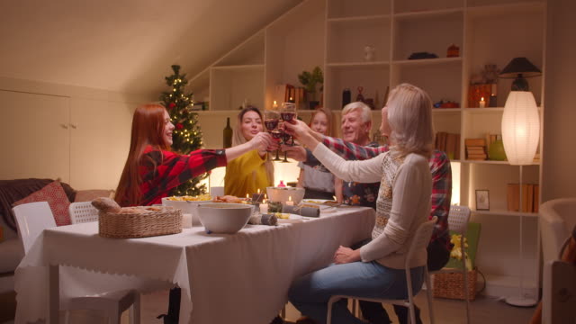 Big-Caucasian-family-Christmas-dinner-wine-clink-glasses-toast-joy-reunion-different-generations