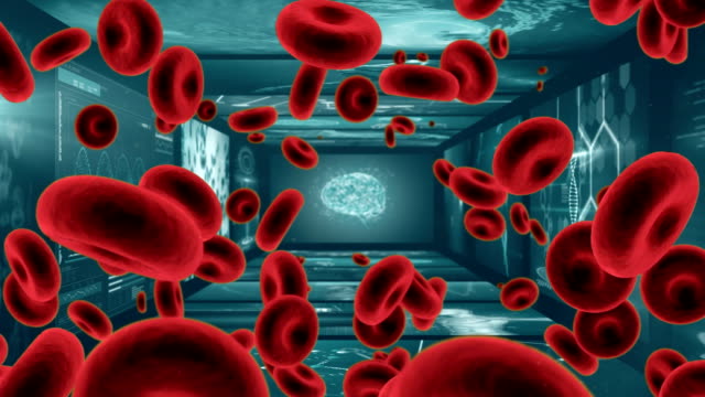3D-rote-Blutkörperchen-schweben-über-Bildschirmen-von-medizinischen-Scans