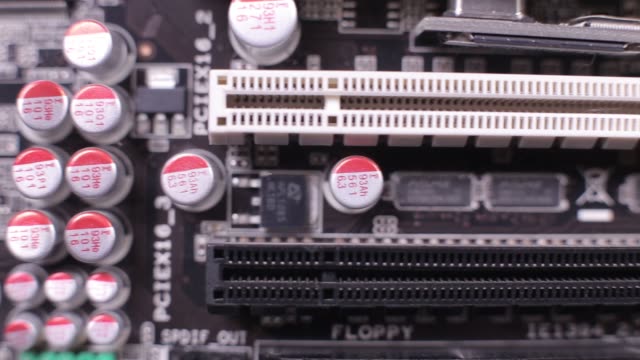 Macro-view-of-PCI-E-slots--on-the-motherboard,--slider-shoot