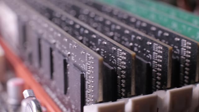 Macro-view-of-DDR3-RAM--memory-modules-installed-on-the-motherboard,--slider-shoot