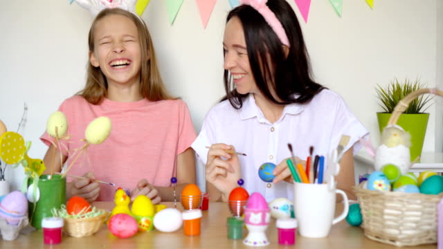 Mother-and-her-little-daughter-painting-eggs.-Happy-family-preparing-for-Easter.