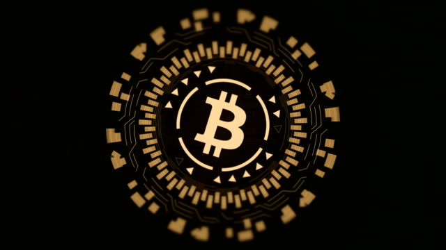 Gold-kreisförmiges-Hologramm-rotierenden-Bitcoin-in-der-Mitte