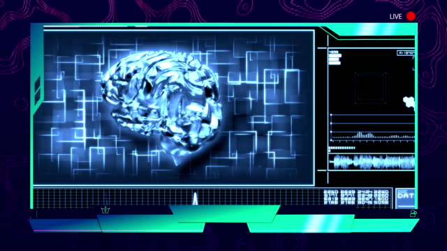 Animation-of-brain-spinning-with-network-of-connections-on-digital-screen-with-recording-icons-blue
