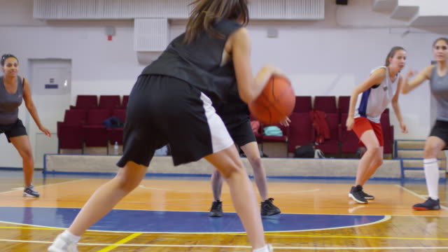 Schoolgirls-Playing-Basketball-on-Indoor-Court