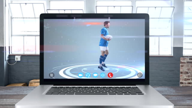 Animation-eines-Laptop-Computers,-der-einen-männlichen-Rugbyspieler-zeigt,-der-einen-Ball-fängt.-Coronavirus-Verbreitung.