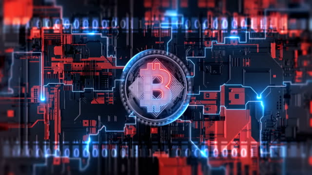 Cryptocurrency-Bitcoin-blockchain-symbol-digital-encryption-network-on-circuit-board.-4K-video-futuristic-animation-loop-background.