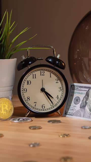 Bitcoin-fast-rising-price.-Time-lapse.-Close-up-view-of-bitcoins,-alarm-clock-and-small-bundle-of-dollars-on-table-changing-into-large-wad-of-cash-in-half-hour,-concept-of-bitcoin-price-surge