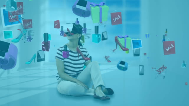 Animation-of-Caucasian-woman-wearing-vr-headset-over-floating-product-icons