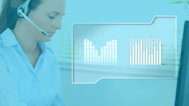 Animation-of-Caucasian-woman-wearing-headset-using-computer-over-computer-file-with-statistics