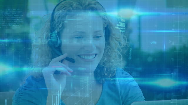 Animation-of-Caucasian-woman-wearing-a-headset-and-using-computer-over-data-recording