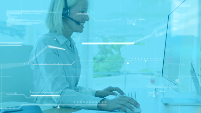 Animation-of-Caucasian-woman-wearing-headset-using-computer-over-statistics