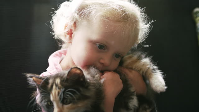 A-little-girl-sitting-on-the-couch-holding-a-kitten-and-giving-it-a-hug