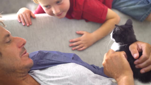 Moderne-Vater-Halten-Katze-mit-Sohn-und-Haustier-auf-Sofa