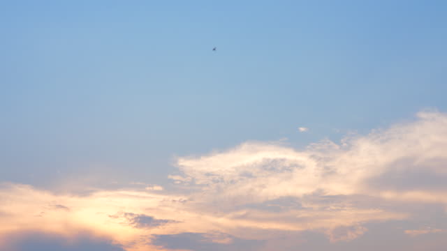 Sky-at-sunset-with-a-small-bird-flying-through.
