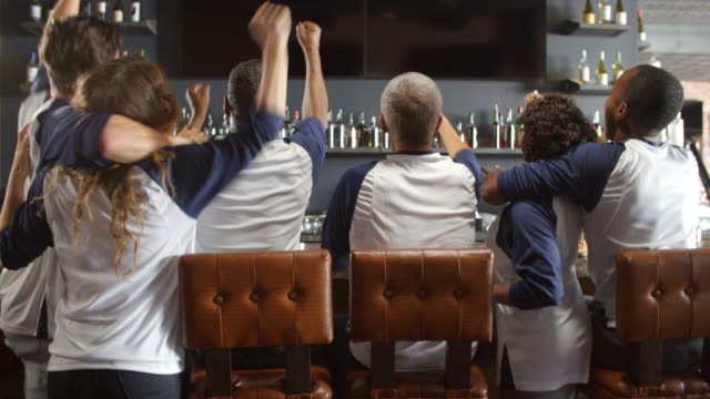 Rear-View-Of-Friends-Watching-Game-In-Sports-Bar-Celebrating